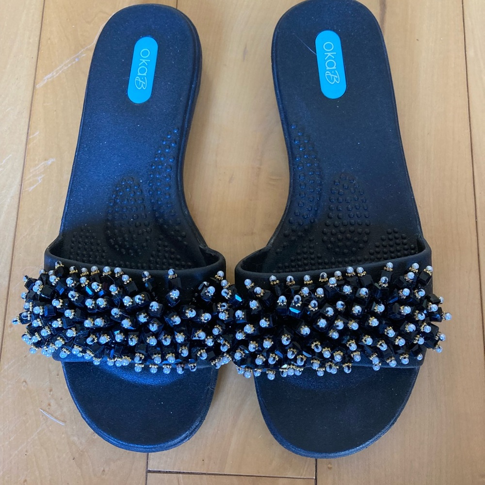 Okab beaded mules, navy blue size 6
